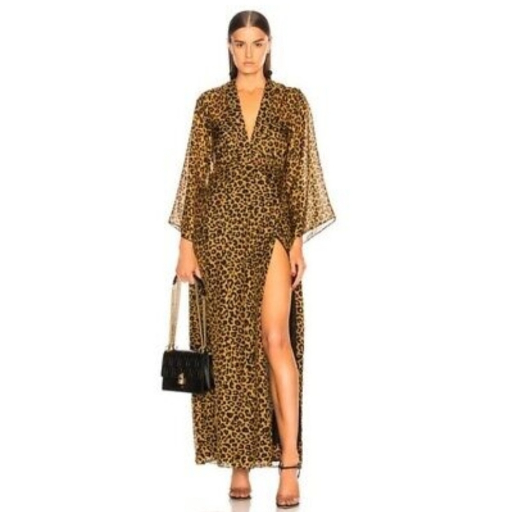 Michelle Mason Leopard Chiffon 100% Silk Bell Sleeves Faux Wrap Dres